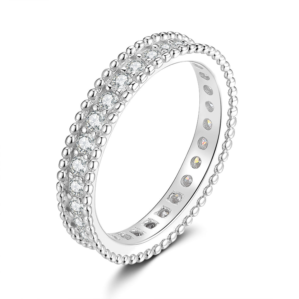 S925 Sterling Silver Moissanite Narrow Ring with Single-Row Beaded Edge