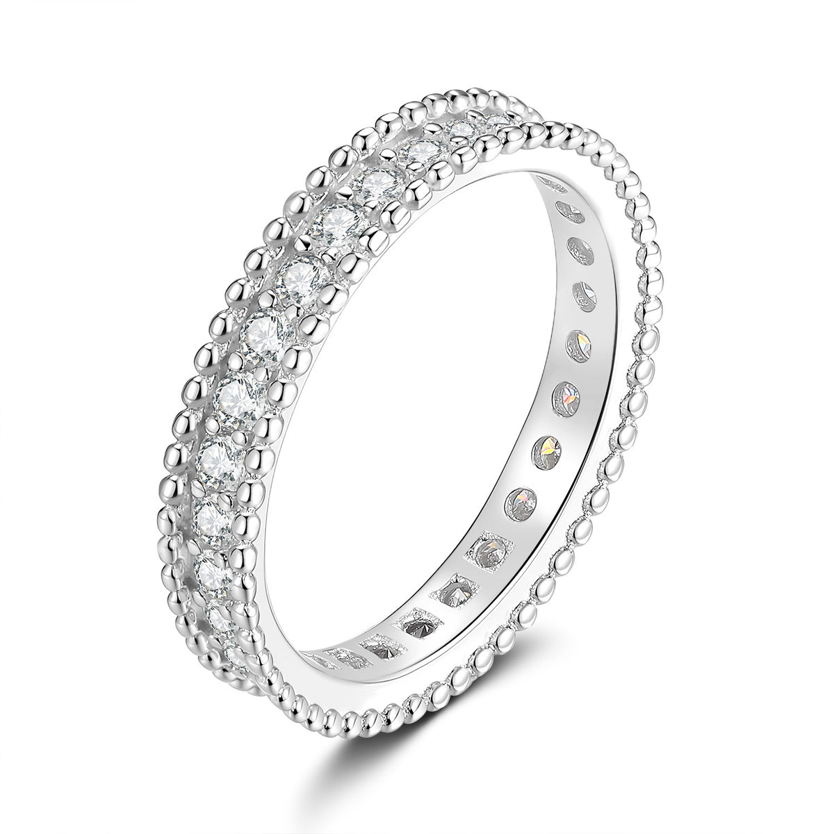 S925 Sterling Silver Moissanite Narrow Ring with Single-Row Beaded Edge