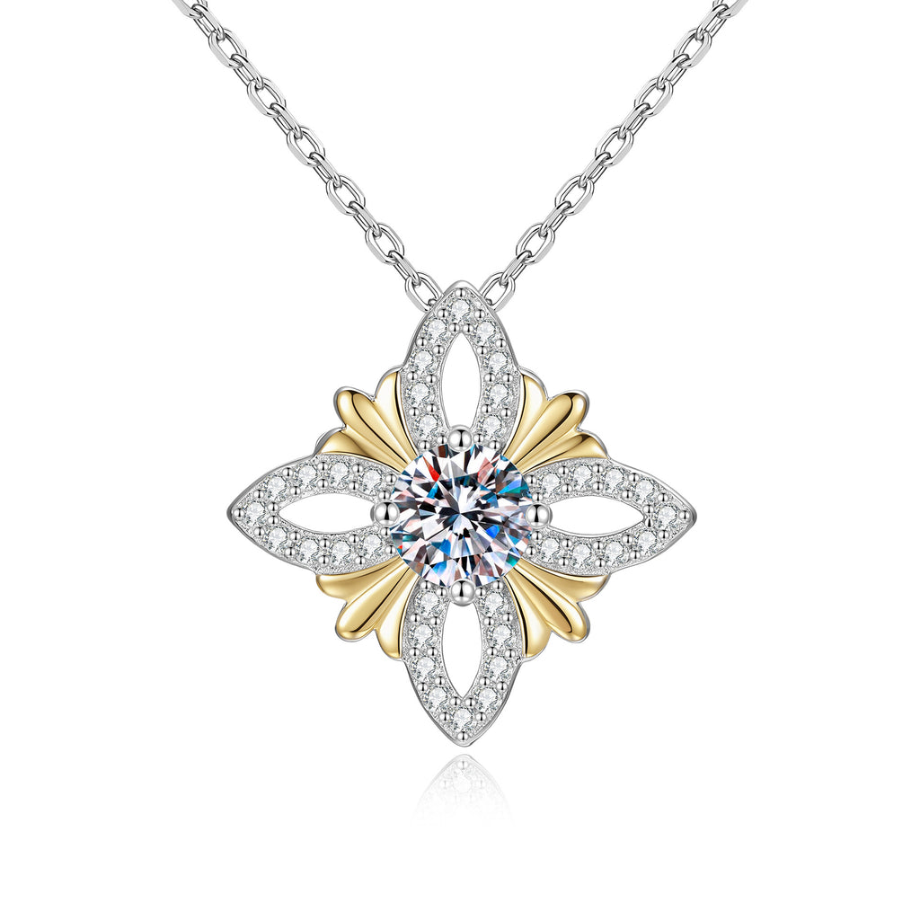 S925 Sterling Silver Gold-Plated Filigree Four-Leaf Clover Moissanite Necklace
