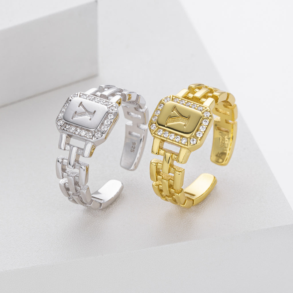 Stylish and simple S925 sterling silver ring with English letter band