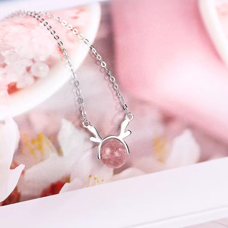 S925 Sterling Silver Christmas Reindeer Strawberry Quartz Necklace
