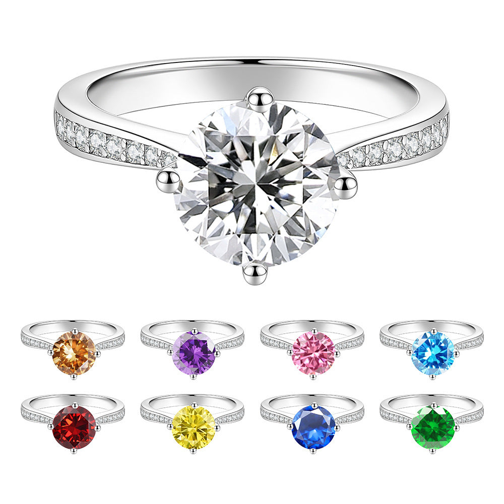 S925 Sterling Silver Four-Prong Set Round Colored Moissanite Ring