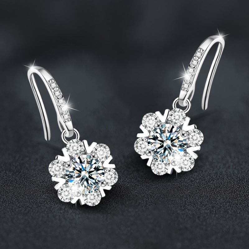 Christmas Earrings: 925 Sterling Silver Snowflake & Moissanite Ear Hooks