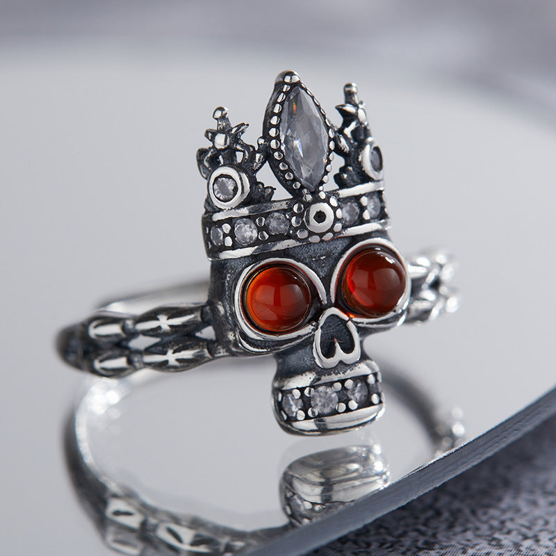 S925 Sterling Silver Distressed Crown Skull Halloween Ring