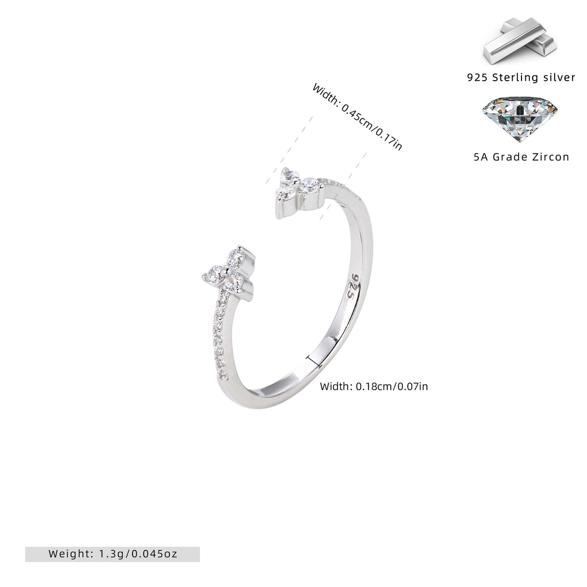 925 Sterling Silver Ring with Adjustable Opening and Zirconia for Delicate Small Flowers