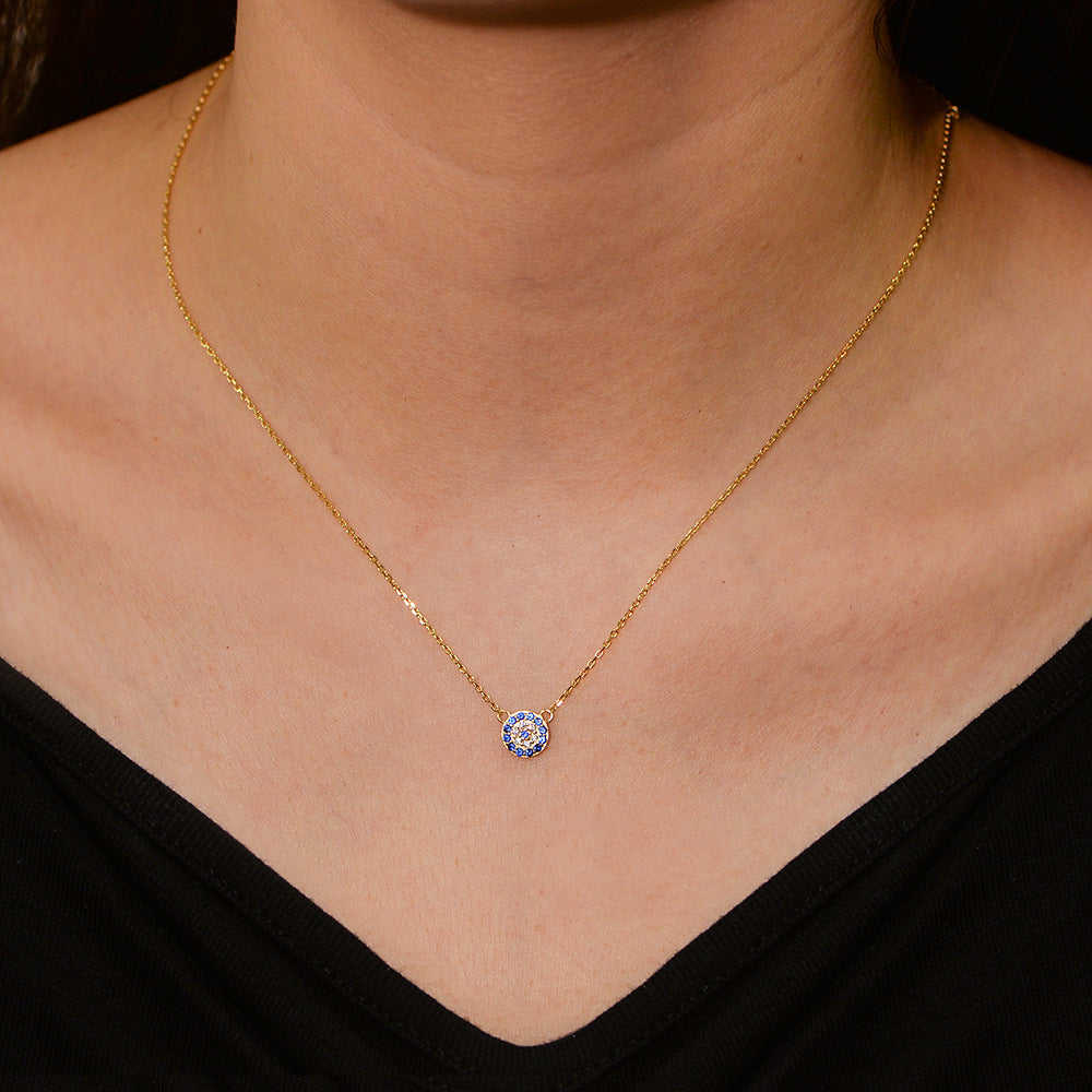 S925 Sterling Silver Devil's Eye Round Blue White Zircon Inlaid Necklace