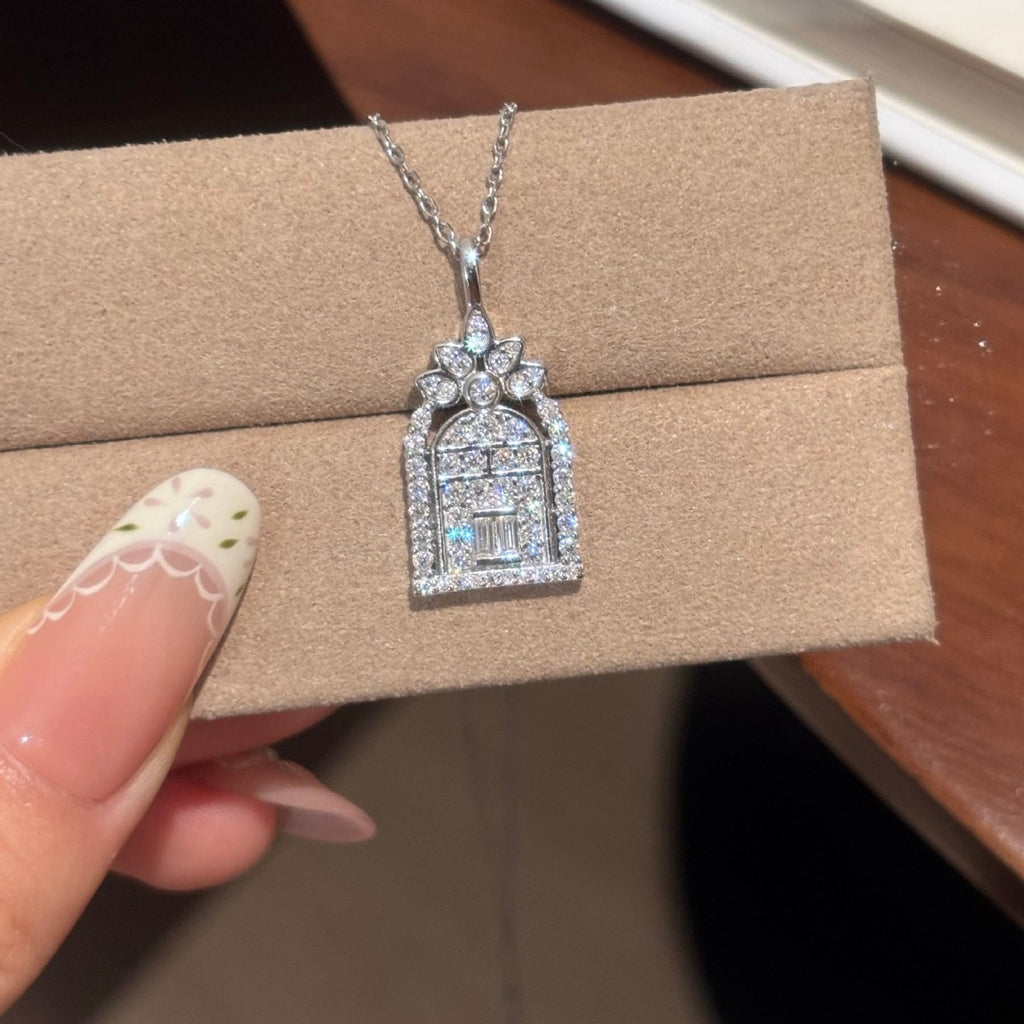S925 Silver "Gate of Happiness" Castle Moissanite Birdcage Pendant Necklace
