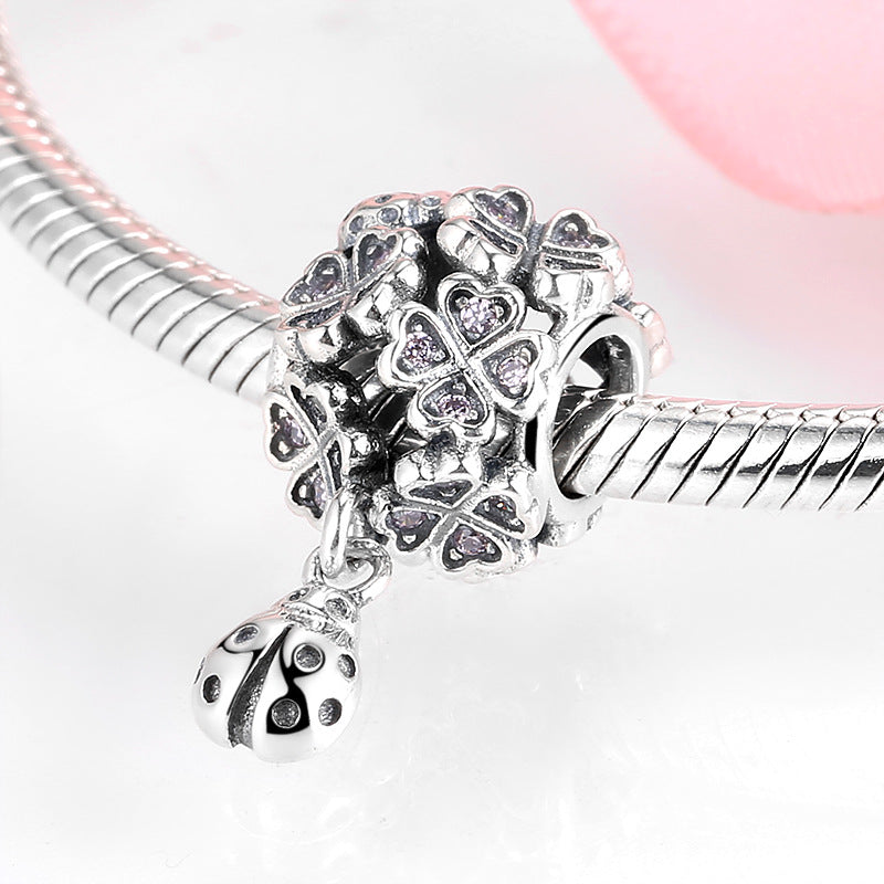 S925 Sterling Silver Four Leaf Clover LADYBIRD Beaded Zircon Pendant