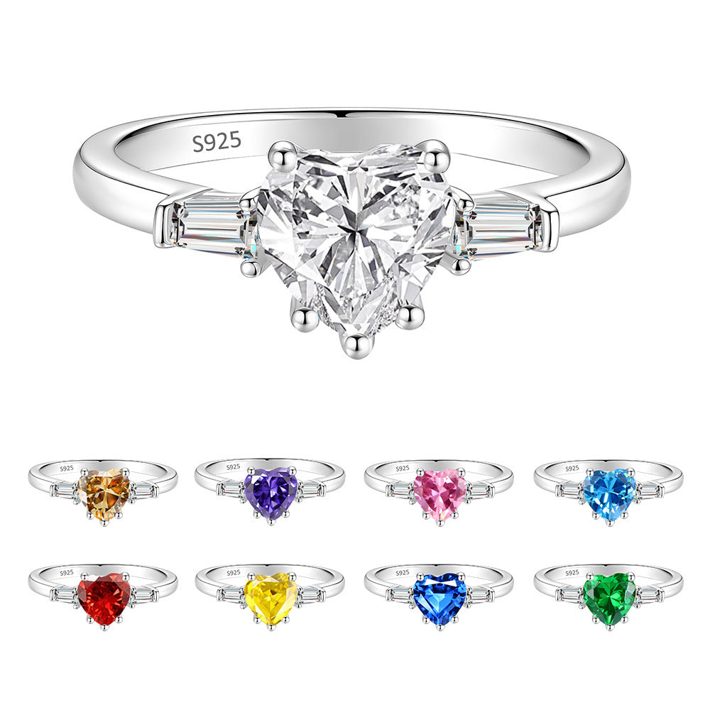 S925 Silver Heart-Shaped Colorful Moissanite Ring