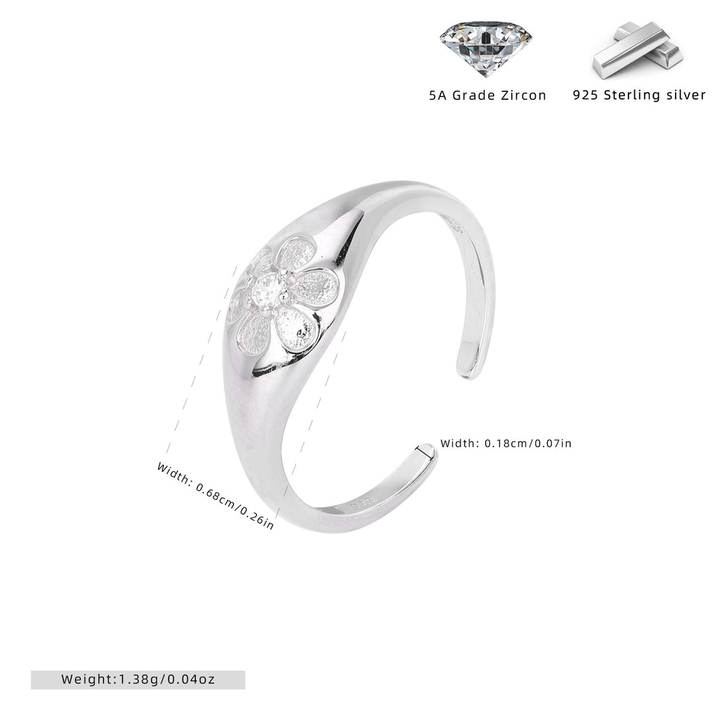 Versatile S925 sterling silver ring with sparkling diamonds and a small floral design