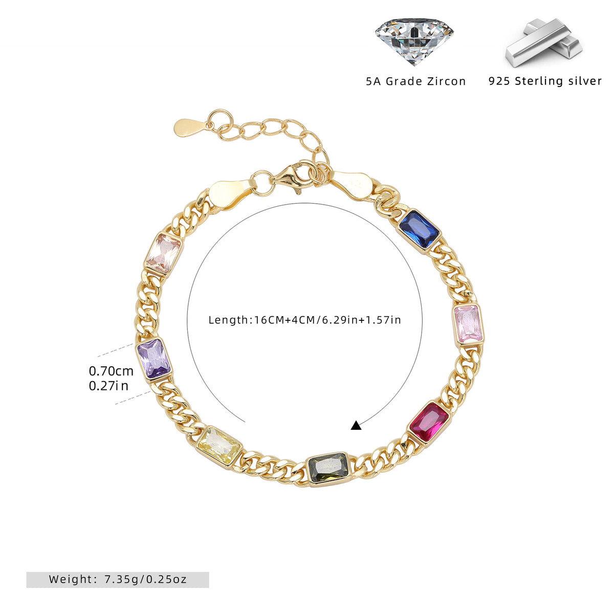 925 Sterling Silver Bracelet with Colorful Square Stones