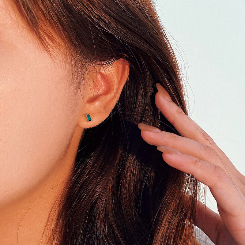 Sterling Silver Square Stud Earrings with Colorful Cubic Zirconia