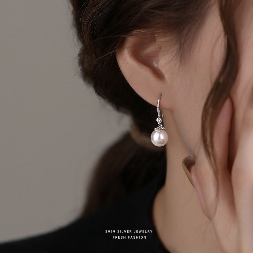 S999 Pure Silver Pearl Drop Earrings with Zirconia