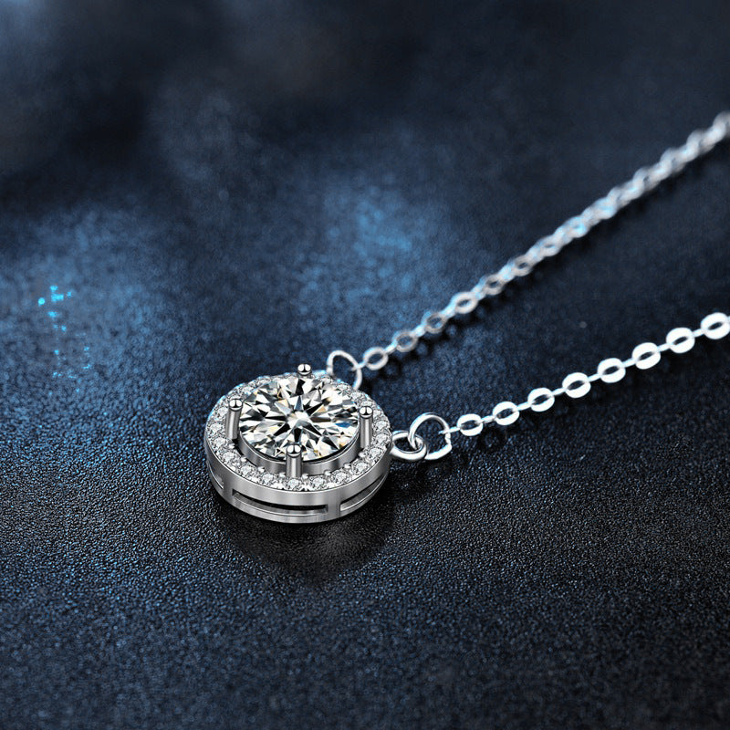 S925 Sterling Silver Moissanite Round Pendant Classic Style Necklace