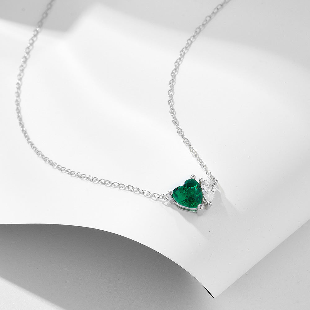 S925 Sterling Silver Emerald Heart-Shaped Zircon Necklace
