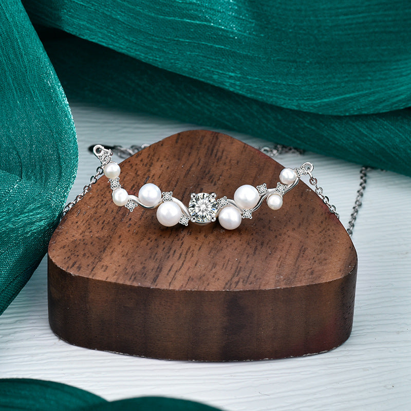 S925 Sterling Silver Natural Freshwater Pearl  Moissanite Pendant Necklace