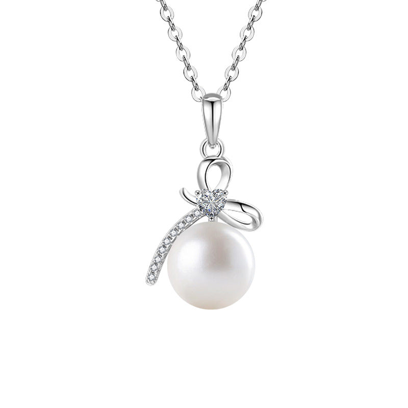 S925 Sterling Silver Natural Freshwater Pearl Moissanite Bow Pendant Necklace