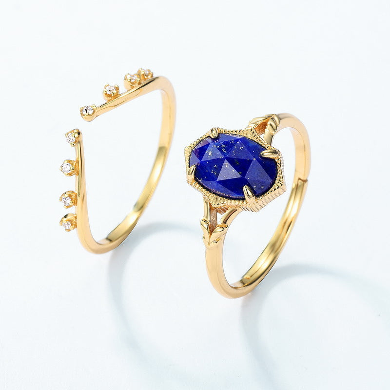 S925 Sterling Silver Gold-Plated Natural Lapis Lazuli Stacked Rings