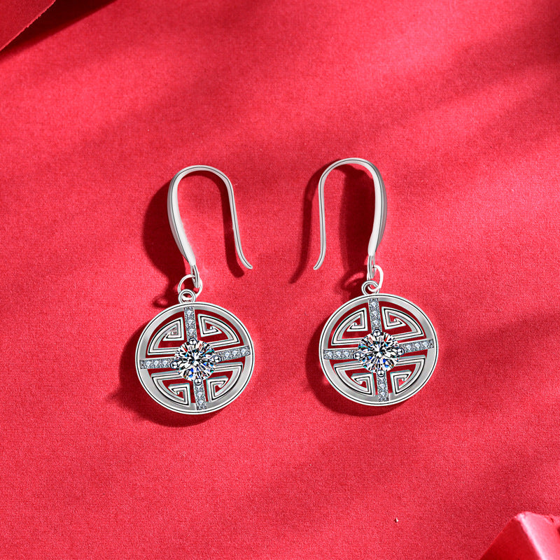 925 sterling silver new Chinese retro coin Mosang stone ear hook