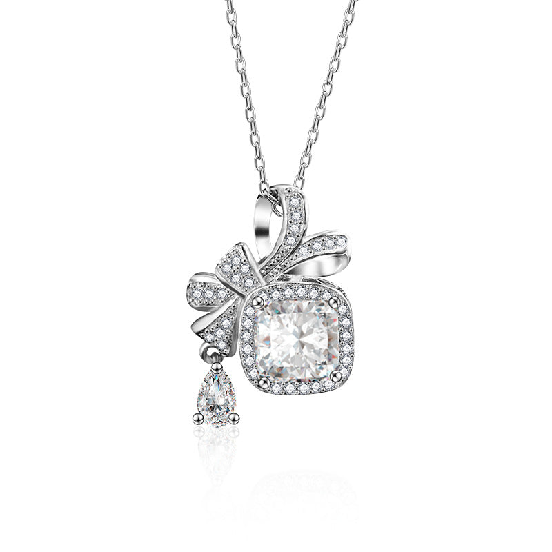 S925 Silver Moissanite Pendant Bow Square Necklace