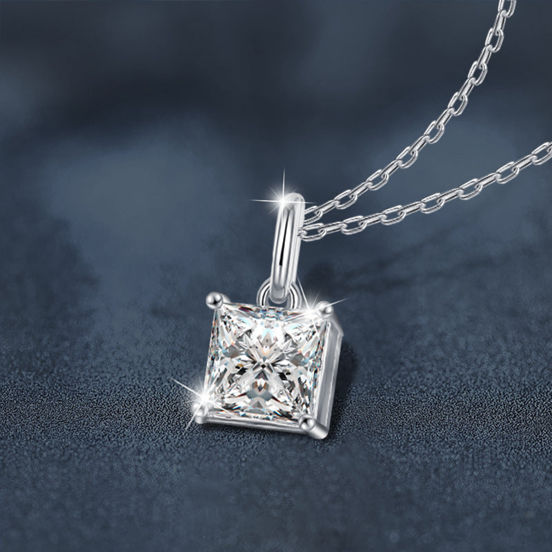 S925 Sterling Silver Moissanite Princess Square Simple Pendant Necklace
