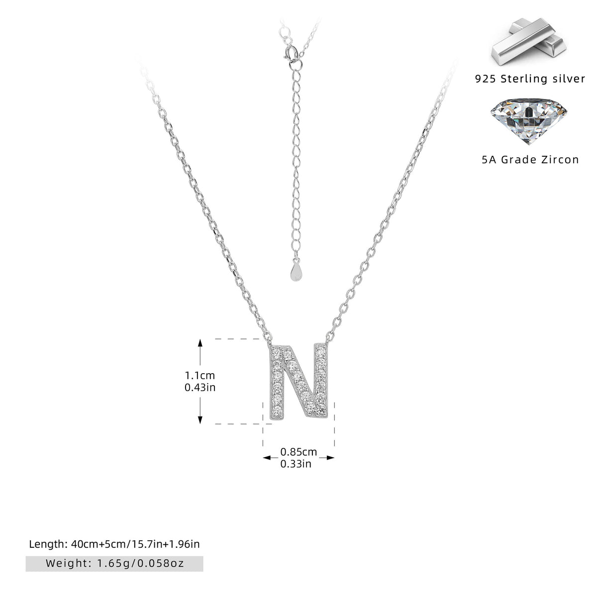 S925 Sterling Silver Simple Diamond Necklace with English Letters
