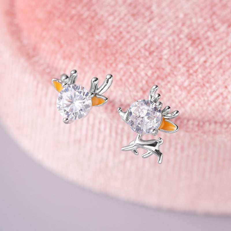 S925 Sterling Silver Asymmetrical Reindeer Christmas Stud Earrings