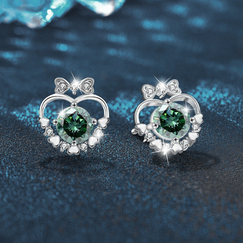 Moissanite and 925 Sterling Silver Heart & Bow Stud Earrings