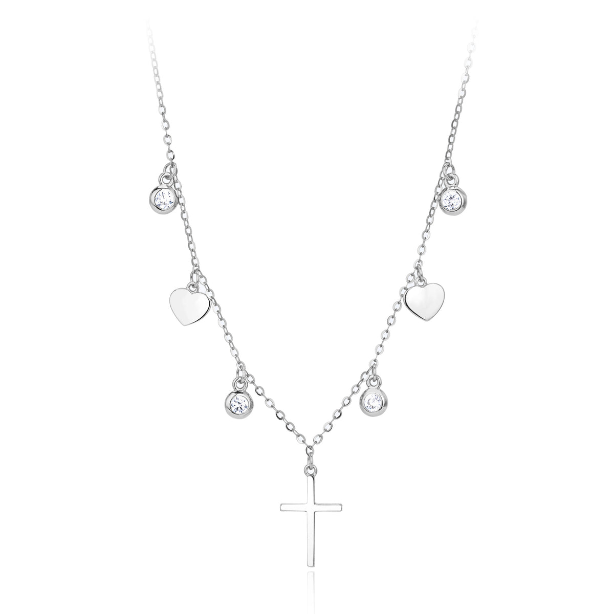 Dainty CZ Heart Cross Charm Necklace in 925 Sterling Silver