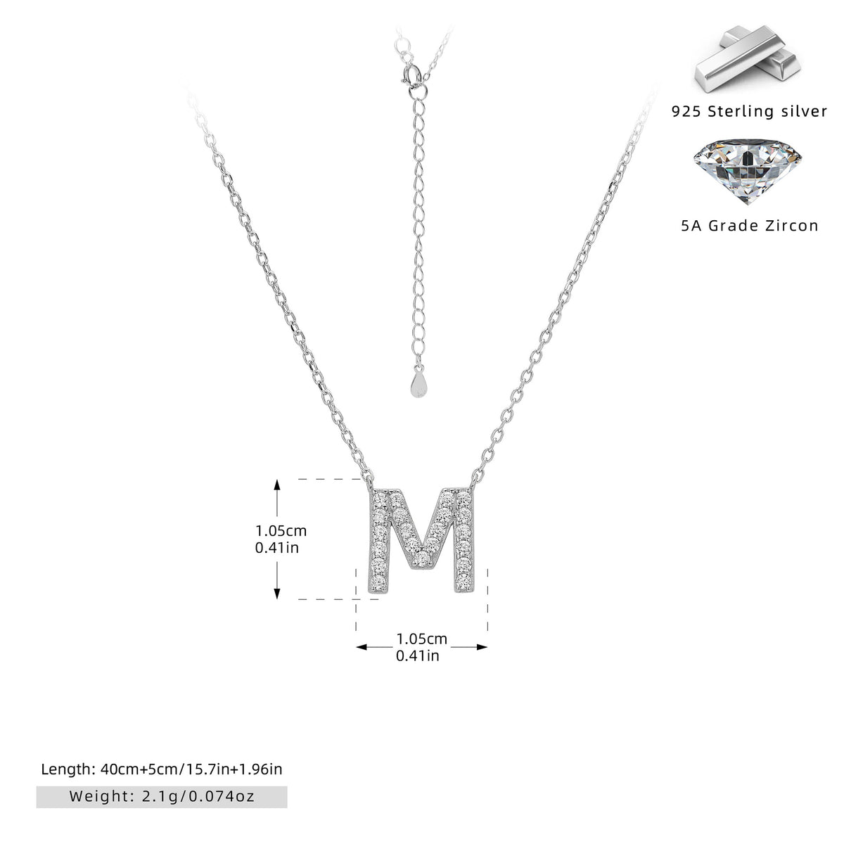S925 Sterling Silver Simple Diamond Necklace with English Letters