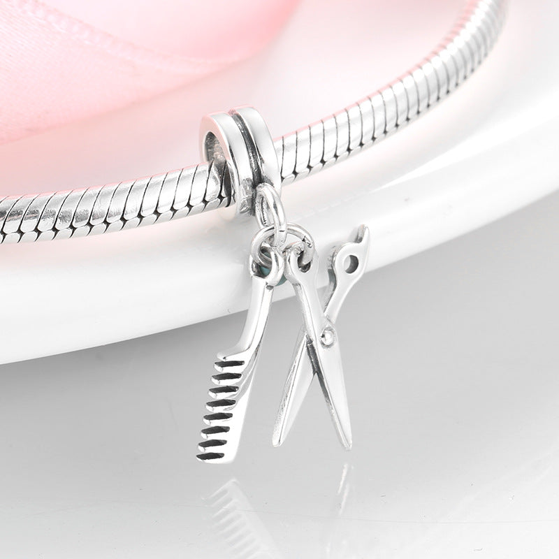S925 Sterling Silver Scissors Comb Simple Bead Pendant