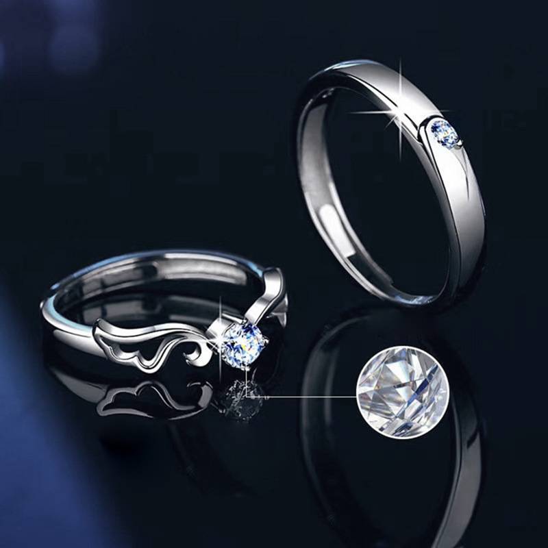 925 Sterling Silver Moissanite Angel Wing Open Couple Ring