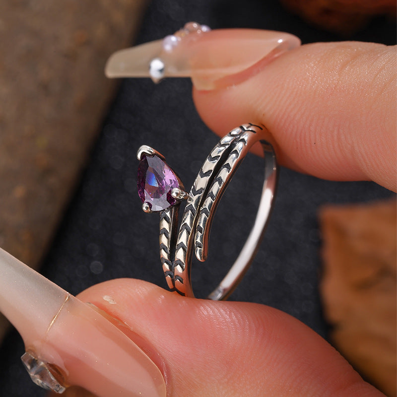 S925 Sterling Silver Halloween-Style Antiqued Snake Ring Set with Purple Zirconia