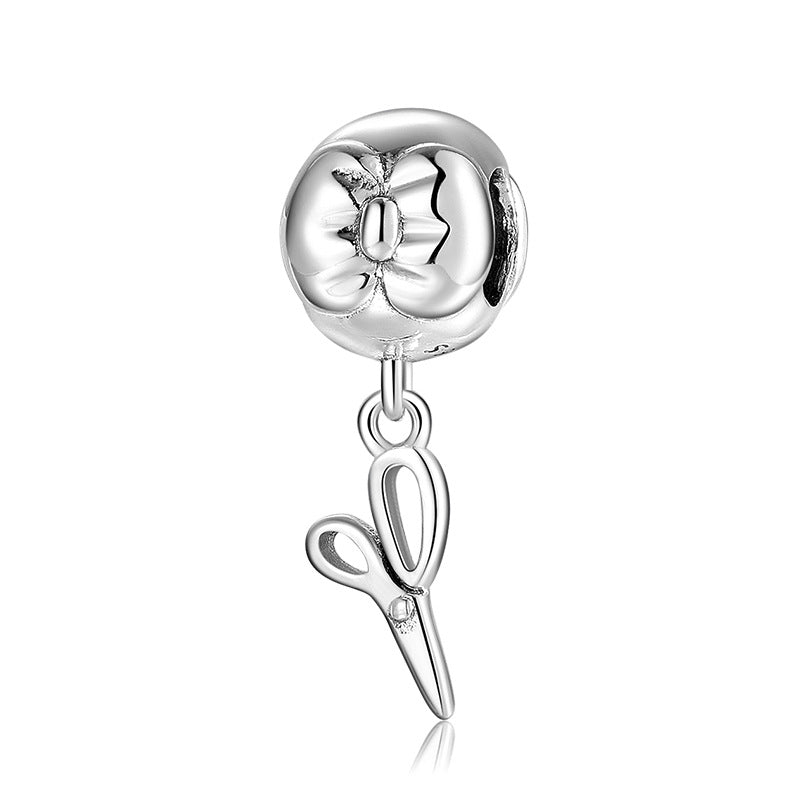 S925 Sterling Silver Creative Flower and Scissors Beaded Pendant