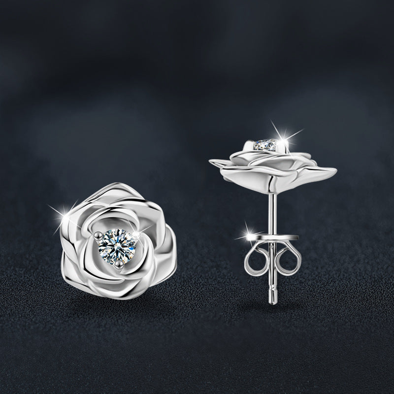 Moissanite rose earrings, S925 sterling silver, elegant and understated luxury.