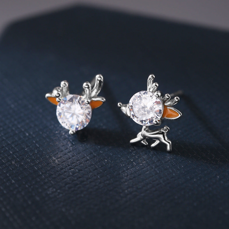 S925 Sterling Silver Asymmetrical Reindeer Christmas Stud Earrings