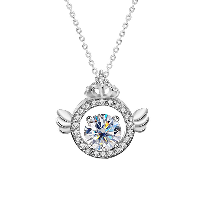 S925 Sterling Silver Moissanite Angel Wings Crown Pendant Necklace
