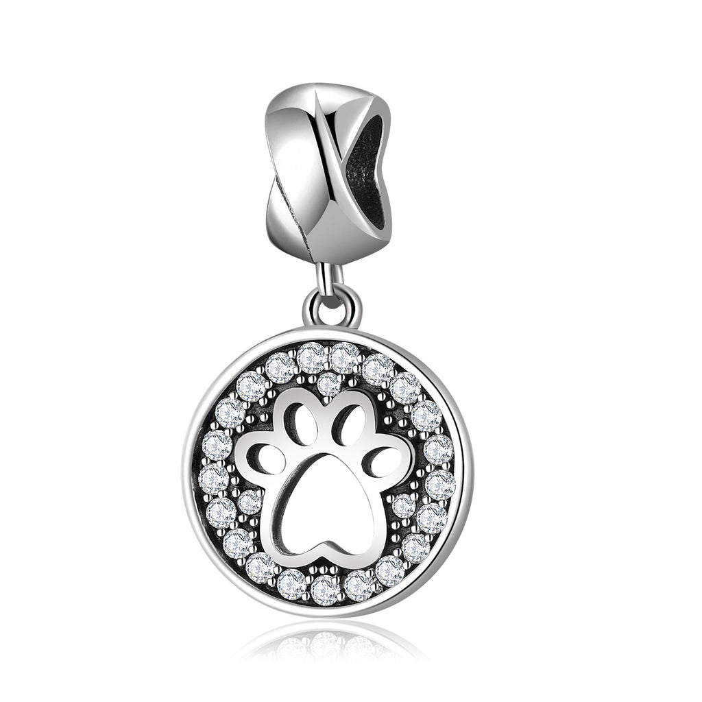 S925 Sterling Silver Round Pet Paw Print Zircon Trim Pendant