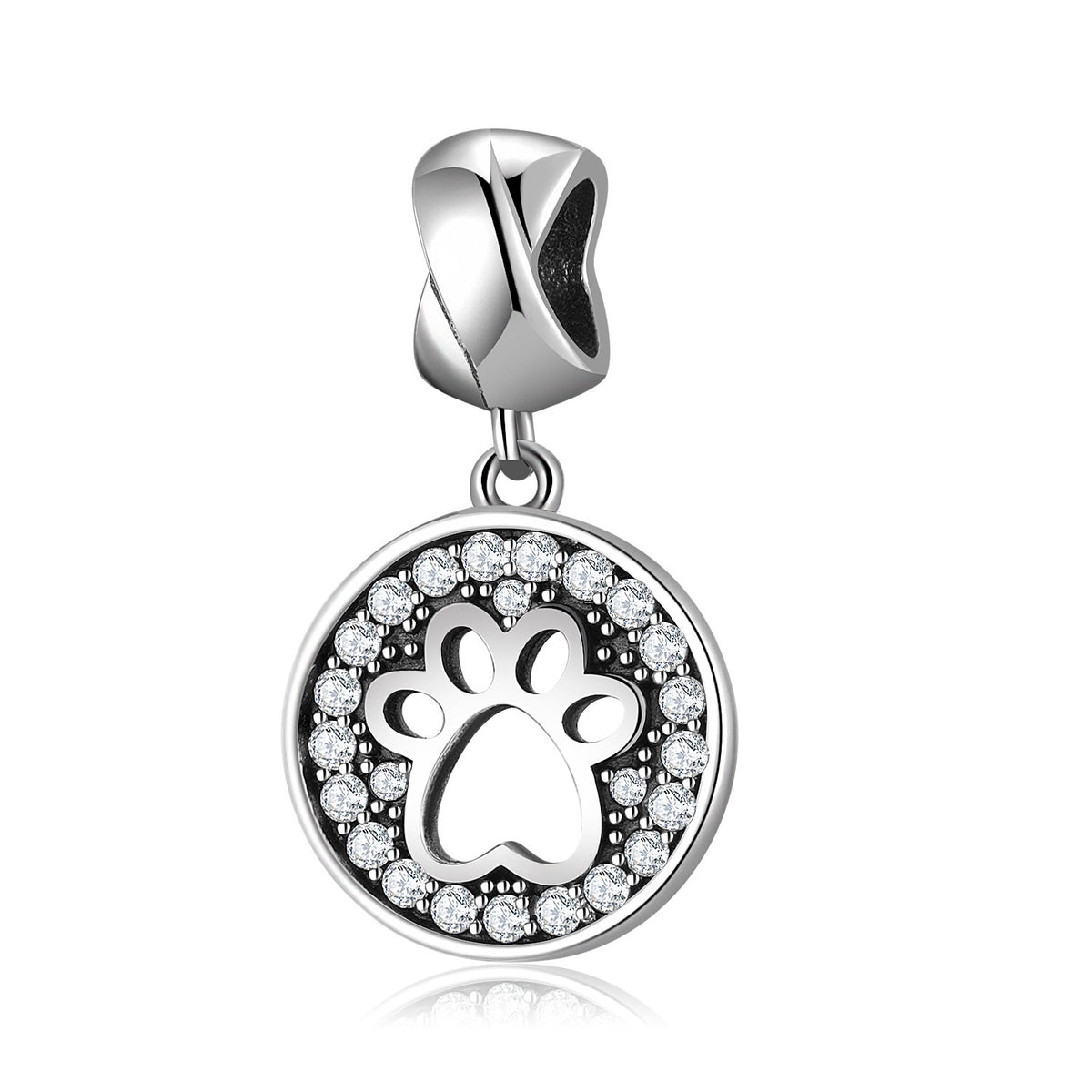S925 Sterling Silver Round Pet Paw Print Zircon Trim Pendant
