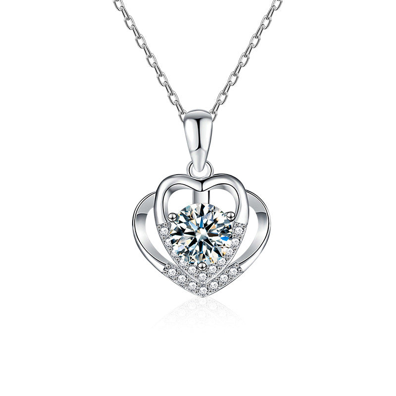 S925 Sterling Silver Moissanite Heart-to-Heart Pendant Necklace