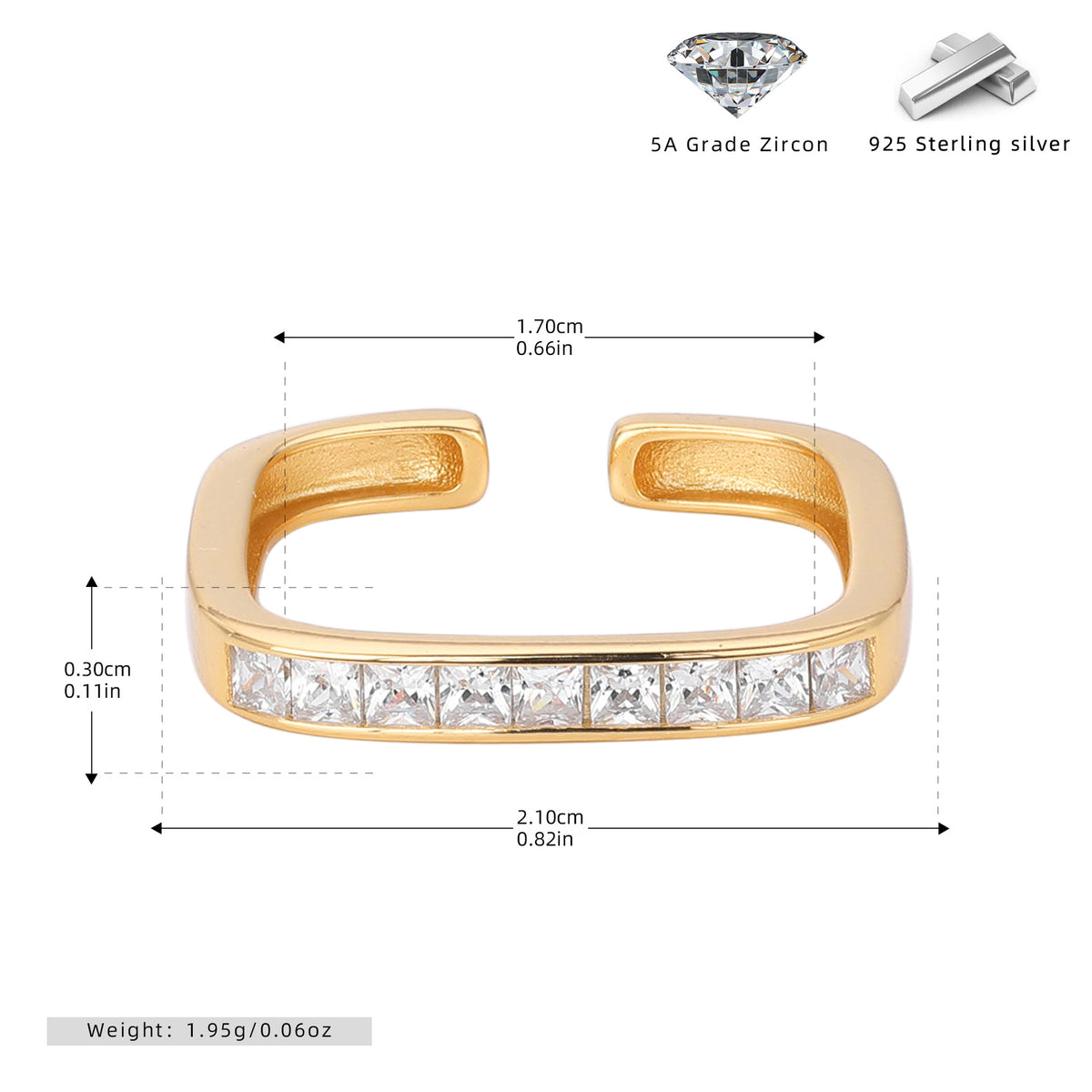 S925 sterling silver exquisite open ring set with square zircon stones