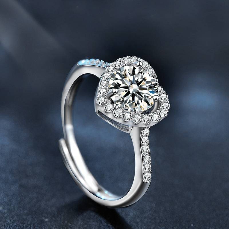 925 Sterling Silver Heart-Shaped Moissanite Open Ring