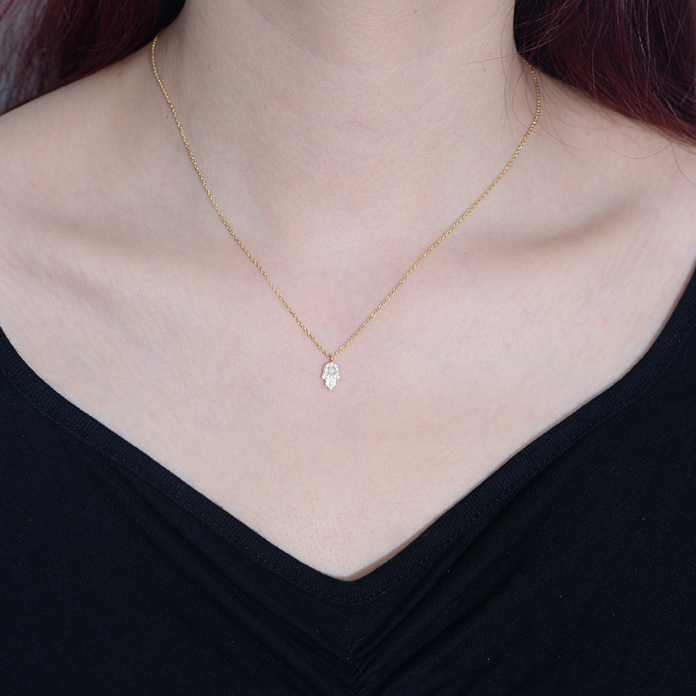 S925 Sterling Silver Fatima Hand Zircon Inlaid Necklace