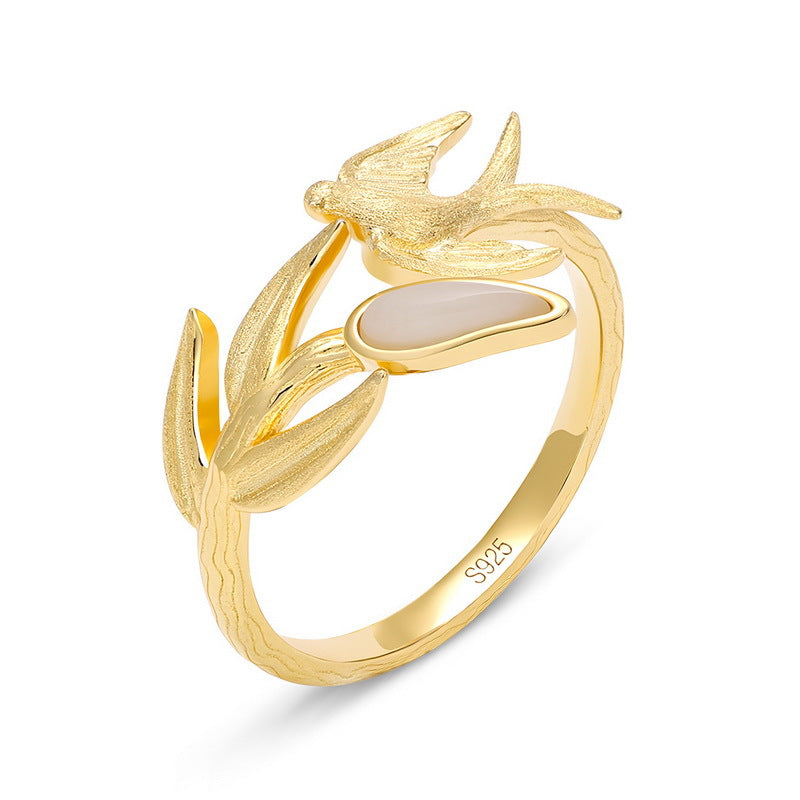 S925 Sterling Silver Gold Plated Inlaid Hetian Jade Ring 