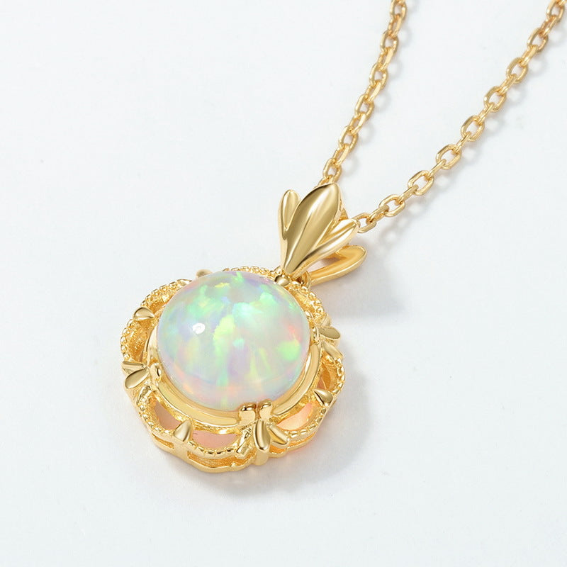 S925 Sterling Silver Synthetic Opal Pendant Clavicle Chain Necklace