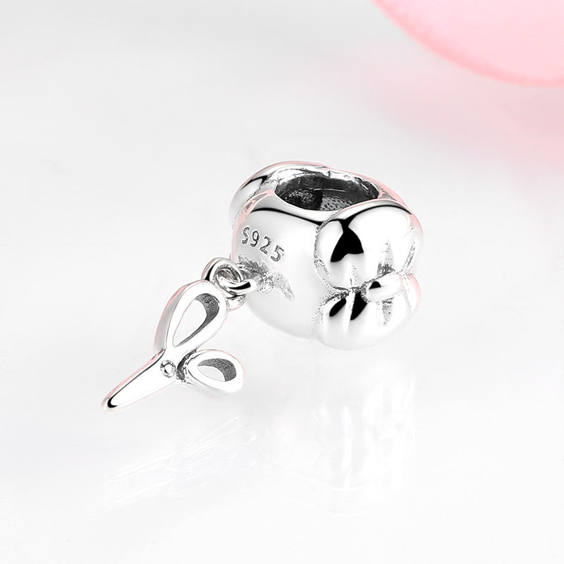 S925 Sterling Silver Creative Flower and Scissors Beaded Pendant