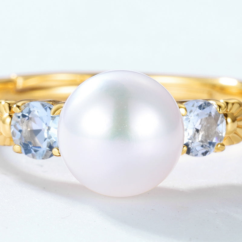 S925 Sterling Silver Gold-Plated Sky Blue Topaz Pearl Ring