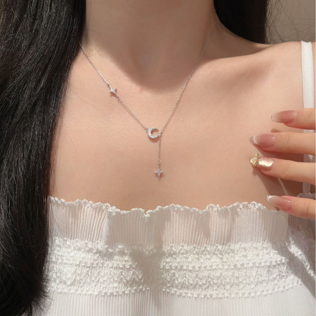 S925 Silver Star and Moon Tassel Moissanite Necklace