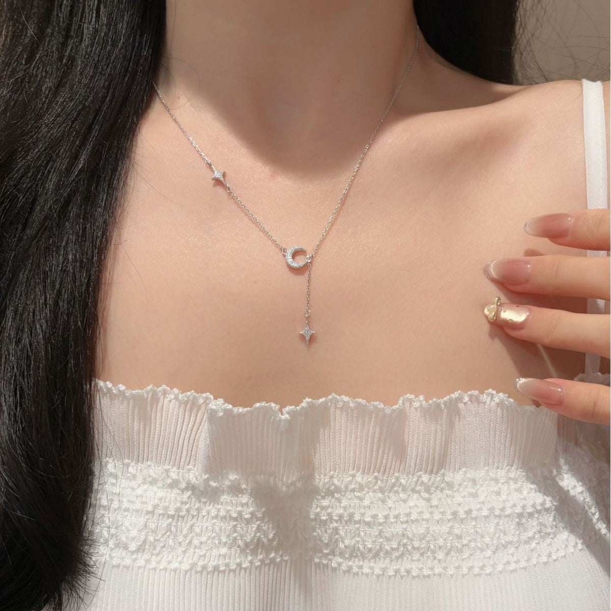 S925 Silver Star and Moon Tassel Moissanite Necklace