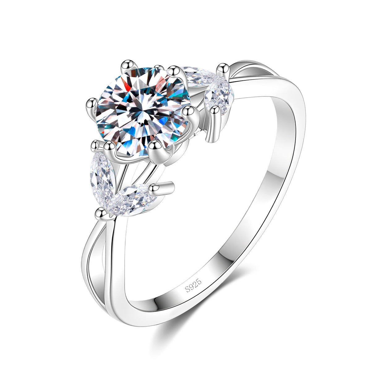 S925 Sterling Silver Six-Prong Round Colored Moissanite Ring
